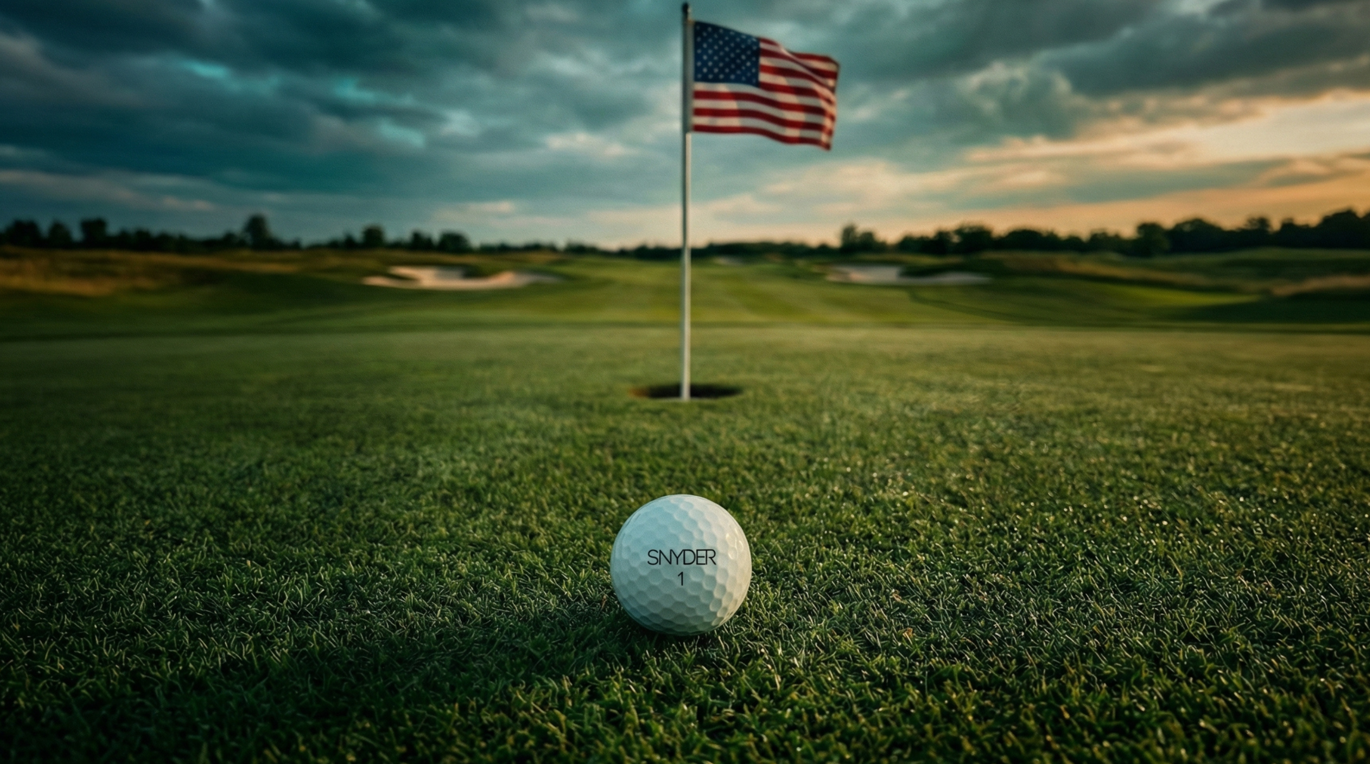 SNYDER golf ball on the grass with an American flag in the background
